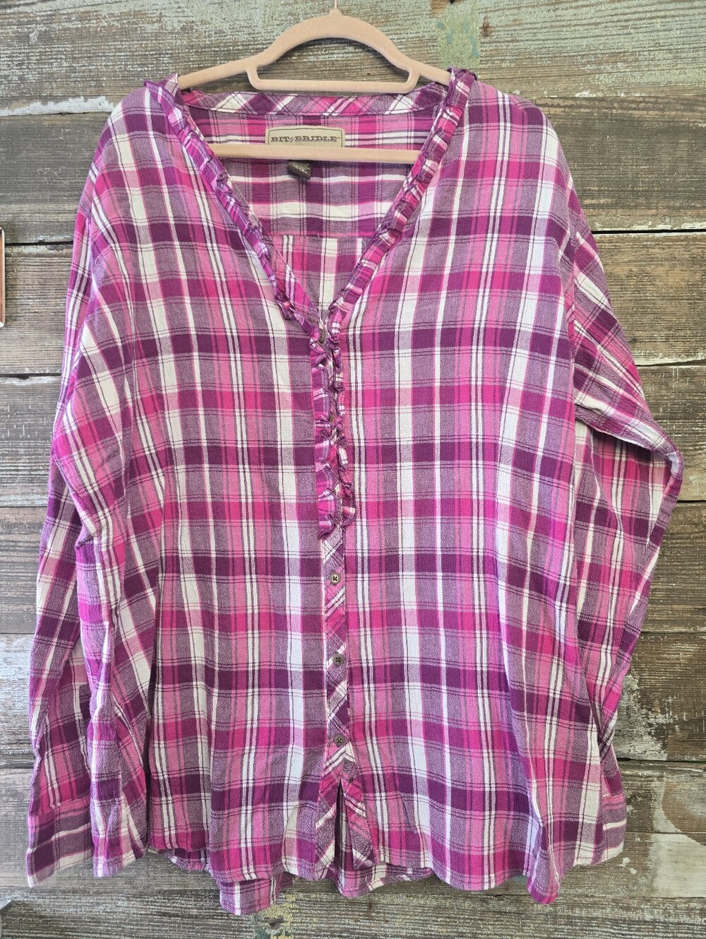 Bit & Bridle Pink Plaid Button-Front Top, Size 2X